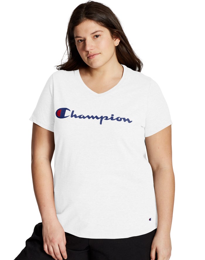 Camiseta Champion Mujer - Plus Jersey V-Neck Script Logo ( Blancas ) 3415980-PE